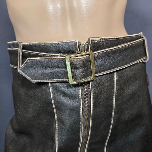 Y2K Brown leather Mini Skirt Size M Belted Zip Front Distressed Lined - Picture 2 of 10